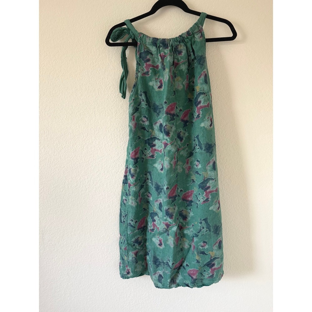 Bellambra Italy Green Watercolor Abstract Print 100% Linen Halter Mini Dress L - Picture 2 of 6